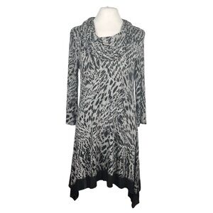 Cupio Asymmetrical Handkerchief Hem Cowl Neck Knit Dress Animal Print NWT